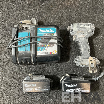 MAKITA 18V Kit, Including Impact Driver (TD173D), Battery Charger (DC18RC) and 2x 5.0ah Battery - Lot of 4