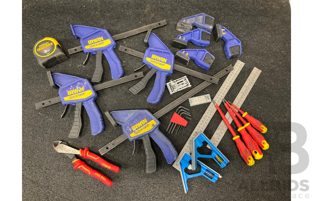 Assorted Hand Tools, Including IRWIN Quick Grip Claps, Cutting Pliers, TROJAN Screwdrivers and Others