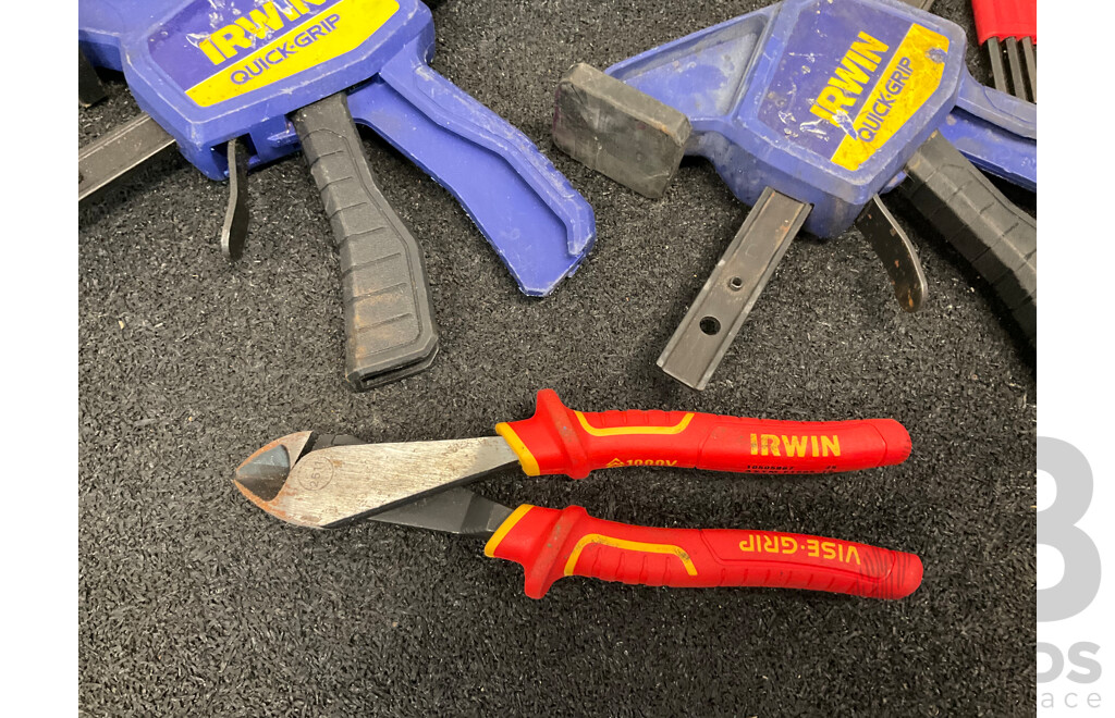 Assorted Hand Tools, Including IRWIN Quick Grip Claps, Cutting Pliers, TROJAN Screwdrivers and Others