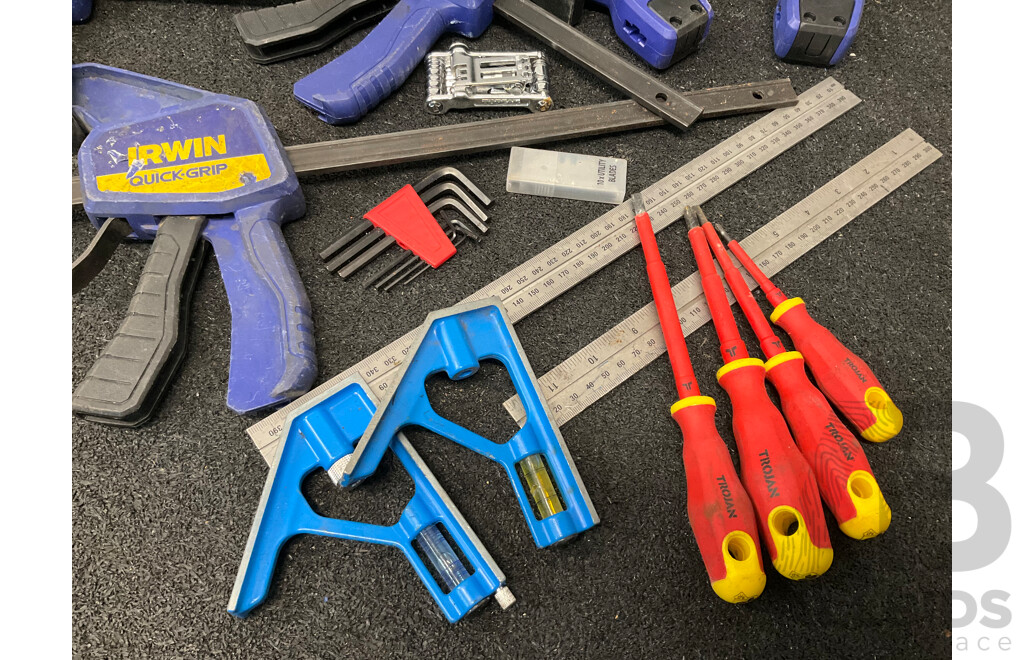Assorted Hand Tools, Including IRWIN Quick Grip Claps, Cutting Pliers, TROJAN Screwdrivers and Others