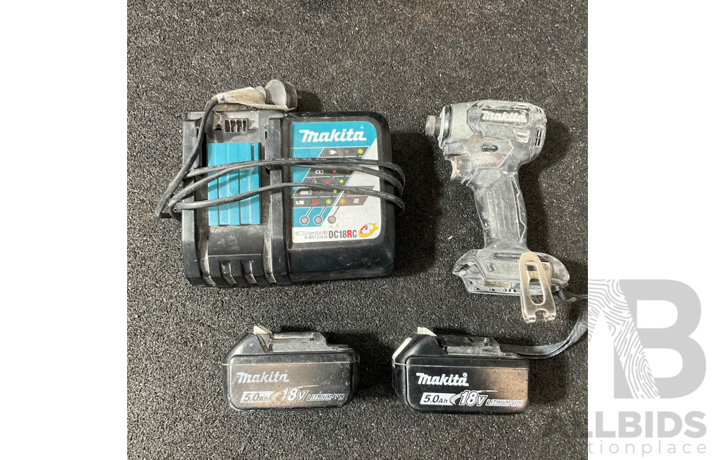 MAKITA 18V Kit, Including Impact Driver (TD173D), Battery Charger (DC18RC) and 2x 5.0ah Battery - Lot of 4