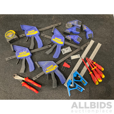 Assorted Hand Tools, Including IRWIN Quick Grip Claps, Cutting Pliers, TROJAN Screwdrivers and Others