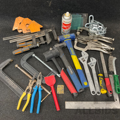 Assorted Welding Tools and DeWALT Tool Bag