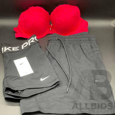 NIKE Pro Women's Shorts (M), NIKE Shorts (M) and Bras N Things Red Lace Balconette Bra (16C)  - Lot of 3
