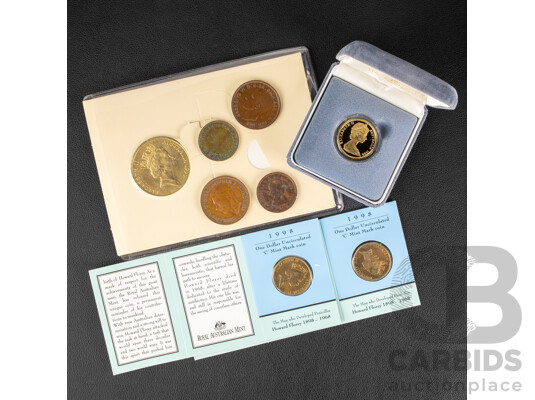 Australian RAM 1984 Proof One Dollar Coin, First Year Issue, Australian RAM 1990 Five Dollar Coin, ANZAC 75th Anniversary, Two 1998 One Dollar Coins, C Mint Mark, Howard Florey, Pennies and Half Pennies