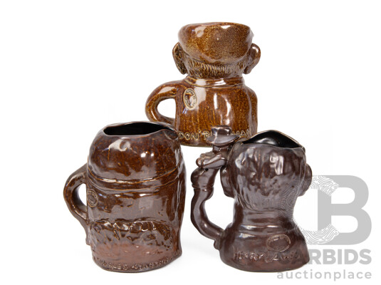 Set of Three Bendigo Pottery Toby Jugs Including Sir Don Bradman, Sir Charles Kingsford-Smith and Henry Lawson with COA's