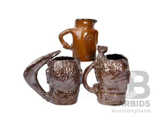 Set of Three Bendigo Pottery Toby Jugs Including Ned Kelly, Sir Robert Menzies and Albert Namatjira with COA's