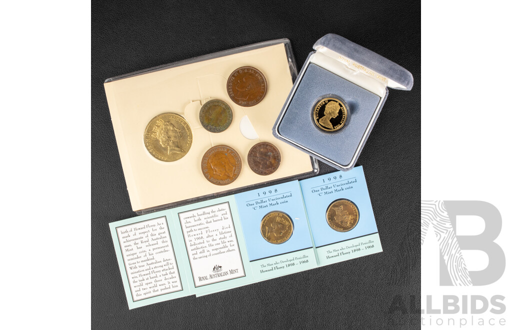 Australian RAM 1984 Proof One Dollar Coin, First Year Issue, Australian RAM 1990 Five Dollar Coin, ANZAC 75th Anniversary, Two 1998 One Dollar Coins, C Mint Mark, Howard Florey, Pennies and Half Pennies