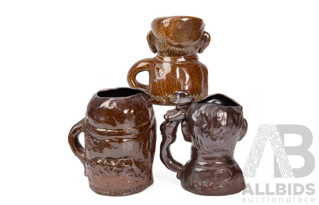 Set of Three Bendigo Pottery Toby Jugs Including Sir Don Bradman, Sir Charles Kingsford-Smith and Henry Lawson with COA's