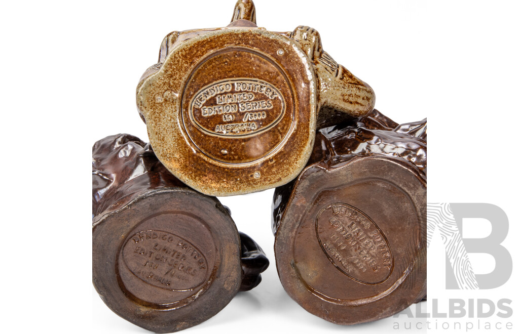 Set of Three Bendigo Pottery Toby Jugs Including Sir Don Bradman, Sir Charles Kingsford-Smith and Henry Lawson with COA's