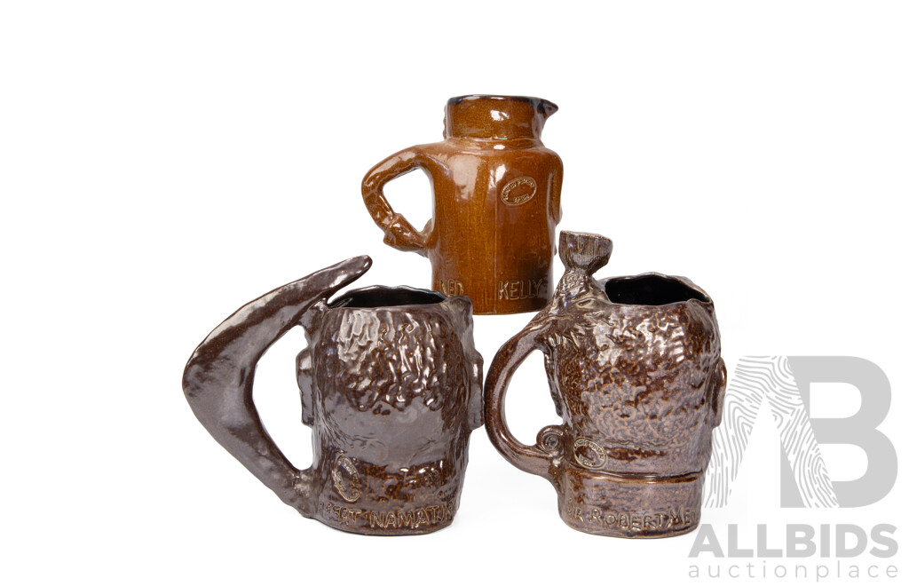 Set of Three Bendigo Pottery Toby Jugs Including Ned Kelly, Sir Robert Menzies and Albert Namatjira with COA's