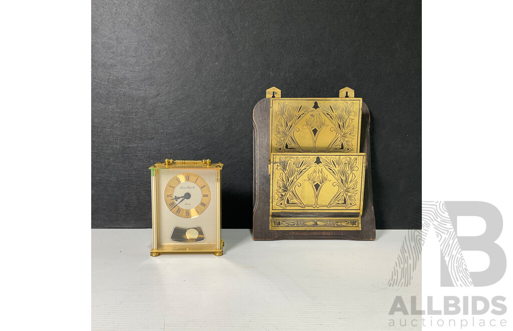London Clock Co Brass Tone Shelf Clock with Brass and Timber Art Nouveau Letter Holder