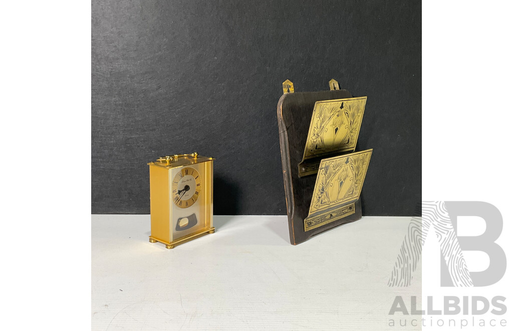 London Clock Co Brass Tone Shelf Clock with Brass and Timber Art Nouveau Letter Holder