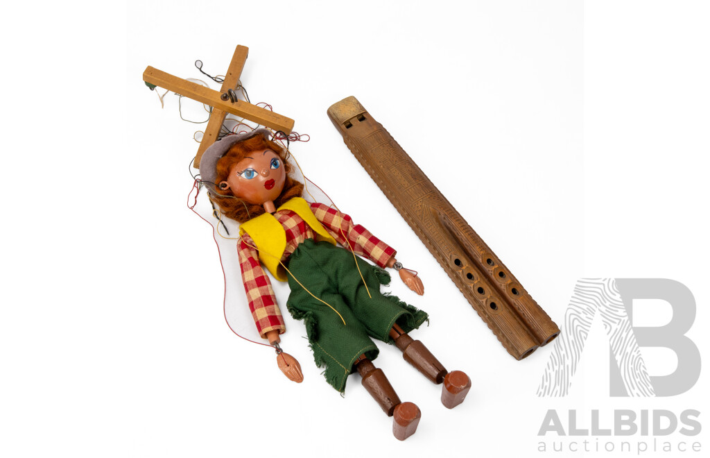 Vintage Pelham Cow Girl/Girl Marionette Puppet and Carved Timber Balkan Double Flute