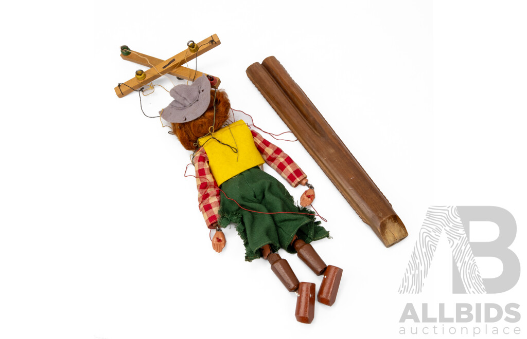 Vintage Pelham Cow Girl/Girl Marionette Puppet and Carved Timber Balkan Double Flute