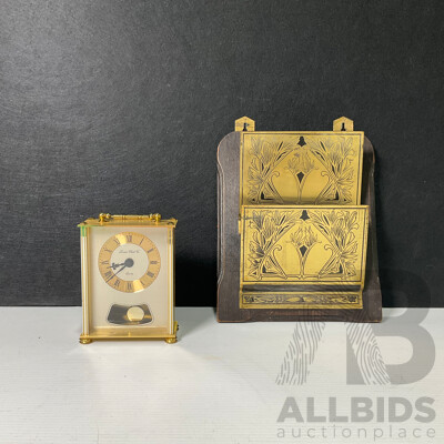 London Clock Co Brass Tone Shelf Clock with Brass and Timber Art Nouveau Letter Holder