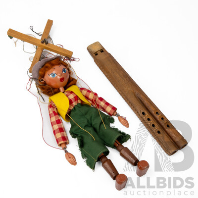 Vintage Pelham Cow Girl/Girl Marionette Puppet and Carved Timber Balkan Double Flute