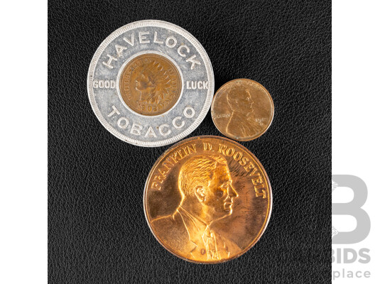 USA Cica 1910 Havelock Tobacco Lucky Penny Pocket Piece, Franklin D. Roosevelt, Potomac Presidential Yacht Medallion, 1912 One Penny, San Fransisco Mint