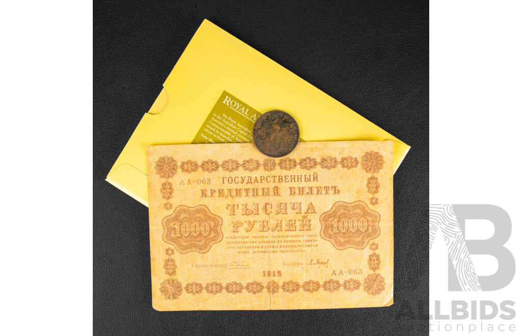 Australian RAM 1988 Eight UNC Coin Set, Bicentennial, 1935 KGV Penny, Russian 1918 One Thousand Rubles Banknote