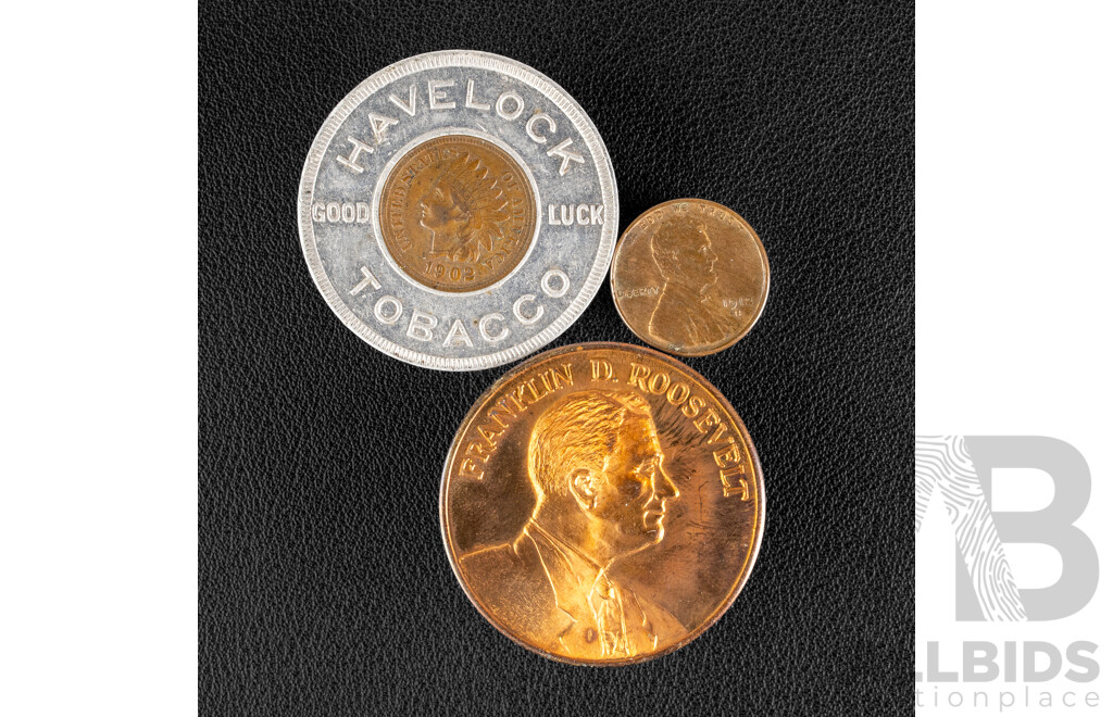 USA Cica 1910 Havelock Tobacco Lucky Penny Pocket Piece, Franklin D. Roosevelt, Potomac Presidential Yacht Medallion, 1912 One Penny, San Fransisco Mint