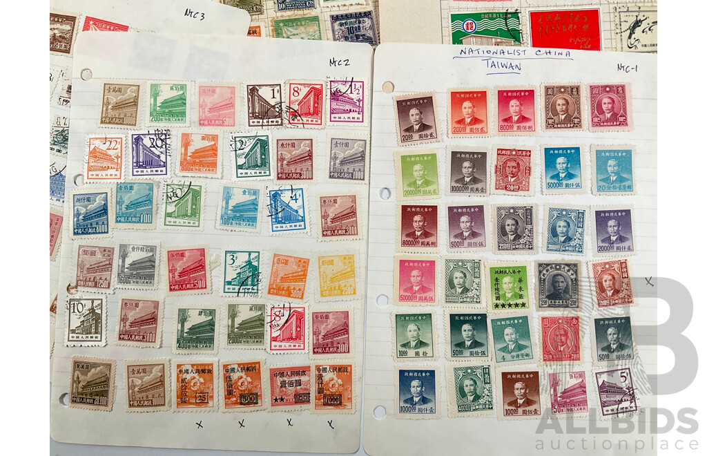 Collection of China and Taiwan Stamps Including Dr Sun Yat-Sen Part Sets, Tiananmen Gate Set, Mao Zedong Overprints and More