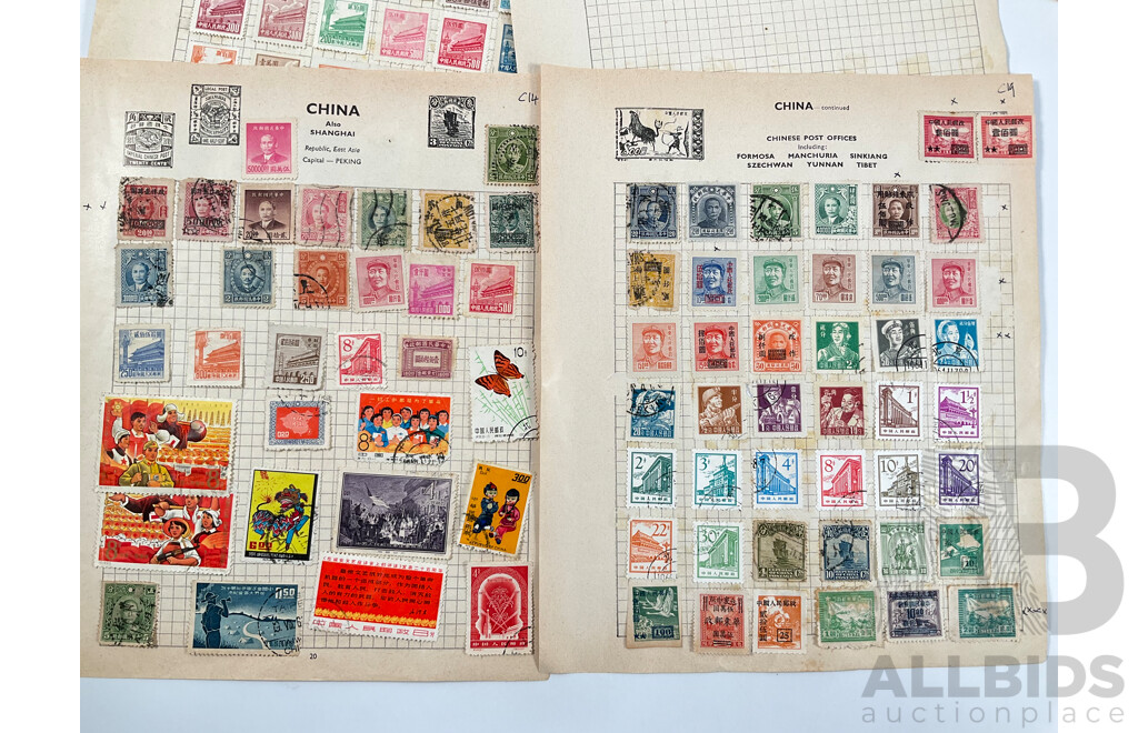 Collection of China and Taiwan Stamps Including Dr Sun Yat-Sen Part Sets, Tiananmen Gate Set, Mao Zedong Overprints and More