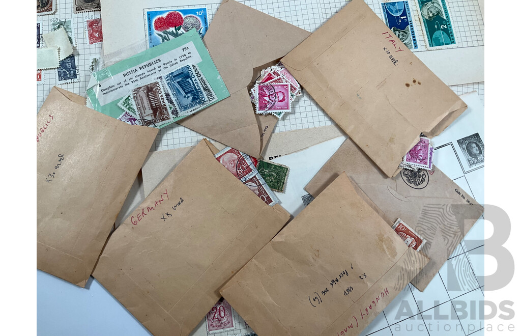 Collection of Mostly European Vintage Stamps Including Russia, Spain, Portugal, Romania, Norway, Poland, Netherlands, Italy, Malta, Hungary, France/Colonies, Denmark, Germany