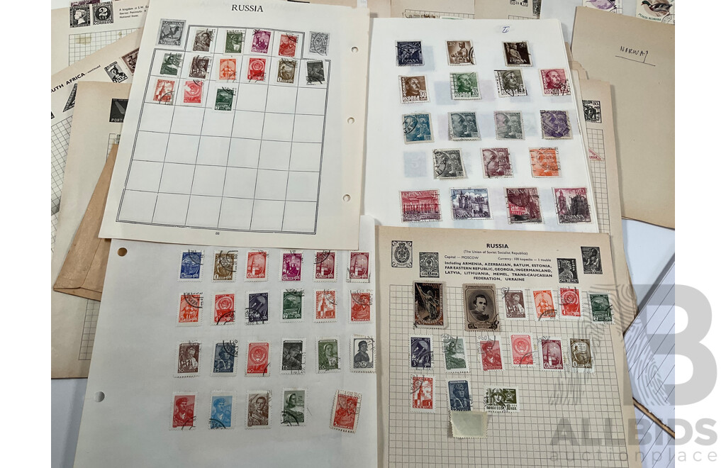 Collection of Mostly European Vintage Stamps Including Russia, Spain, Portugal, Romania, Norway, Poland, Netherlands, Italy, Malta, Hungary, France/Colonies, Denmark, Germany