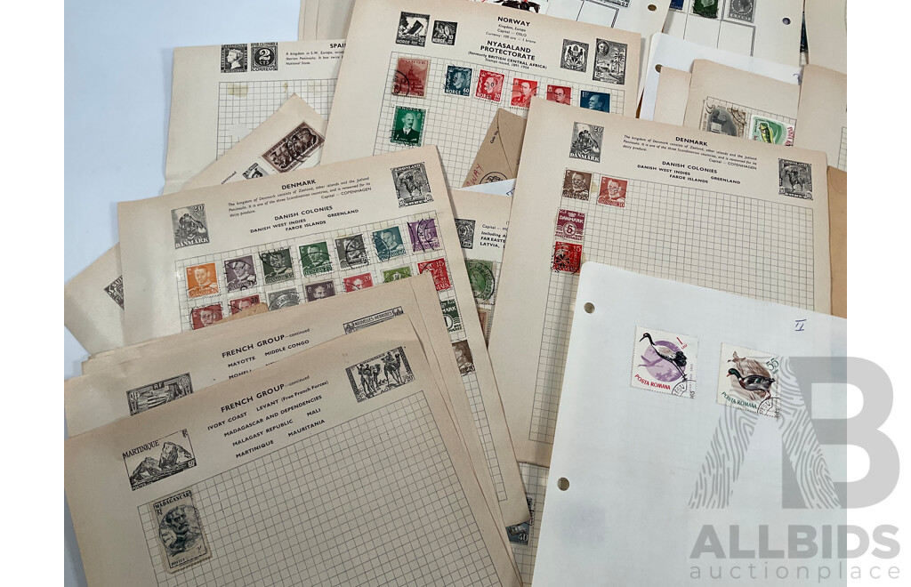 Collection of Mostly European Vintage Stamps Including Russia, Spain, Portugal, Romania, Norway, Poland, Netherlands, Italy, Malta, Hungary, France/Colonies, Denmark, Germany