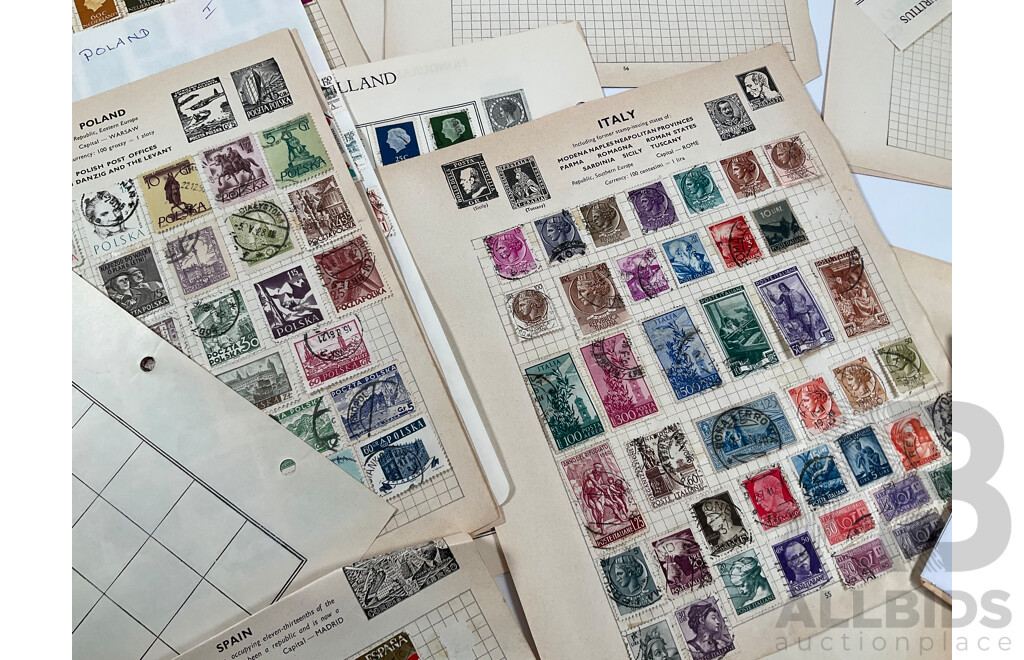 Collection of Mostly European Vintage Stamps Including Russia, Spain, Portugal, Romania, Norway, Poland, Netherlands, Italy, Malta, Hungary, France/Colonies, Denmark, Germany