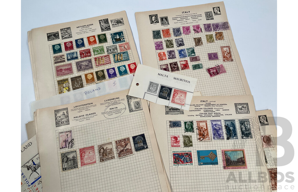 Collection of Mostly European Vintage Stamps Including Russia, Spain, Portugal, Romania, Norway, Poland, Netherlands, Italy, Malta, Hungary, France/Colonies, Denmark, Germany