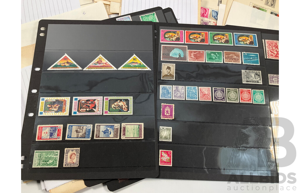 Collection of Vintage International Stamps Including South America, South Africa, Brunei, Middle East, Hong Kong, India, Pakistan, Indonesia, Korea, Malaysia, Singapore, New Zealand, PNG and More