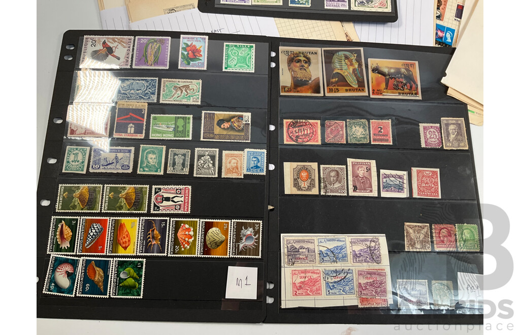 Collection of Vintage International Stamps Including South America, South Africa, Brunei, Middle East, Hong Kong, India, Pakistan, Indonesia, Korea, Malaysia, Singapore, New Zealand, PNG and More
