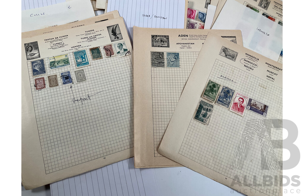Collection of Vintage International Stamps Including South America, South Africa, Brunei, Middle East, Hong Kong, India, Pakistan, Indonesia, Korea, Malaysia, Singapore, New Zealand, PNG and More