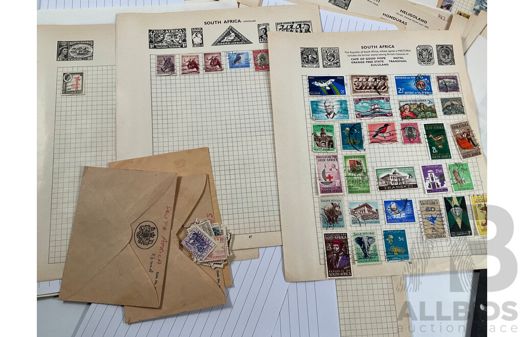 Collection of Vintage International Stamps Including South America, South Africa, Brunei, Middle East, Hong Kong, India, Pakistan, Indonesia, Korea, Malaysia, Singapore, New Zealand, PNG and More