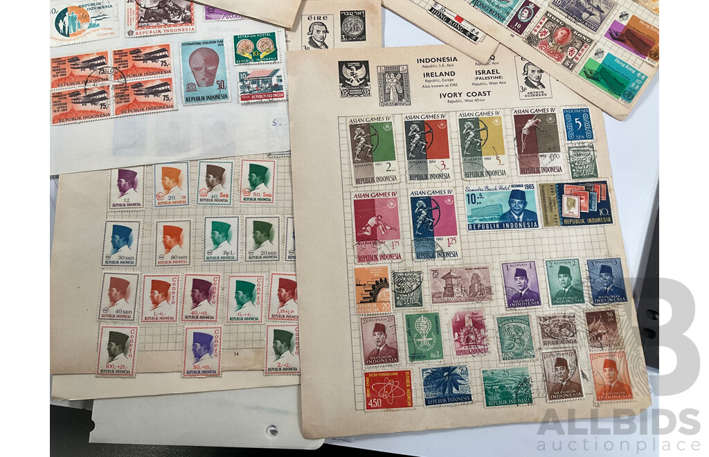 Collection of Vintage International Stamps Including South America, South Africa, Brunei, Middle East, Hong Kong, India, Pakistan, Indonesia, Korea, Malaysia, Singapore, New Zealand, PNG and More