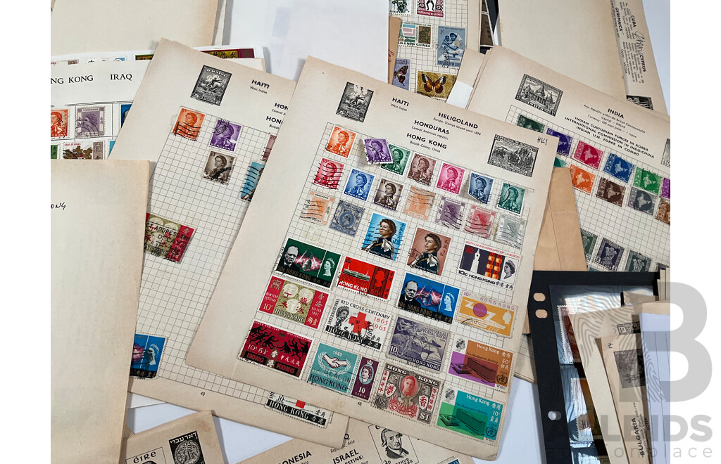 Collection of Vintage International Stamps Including South America, South Africa, Brunei, Middle East, Hong Kong, India, Pakistan, Indonesia, Korea, Malaysia, Singapore, New Zealand, PNG and More