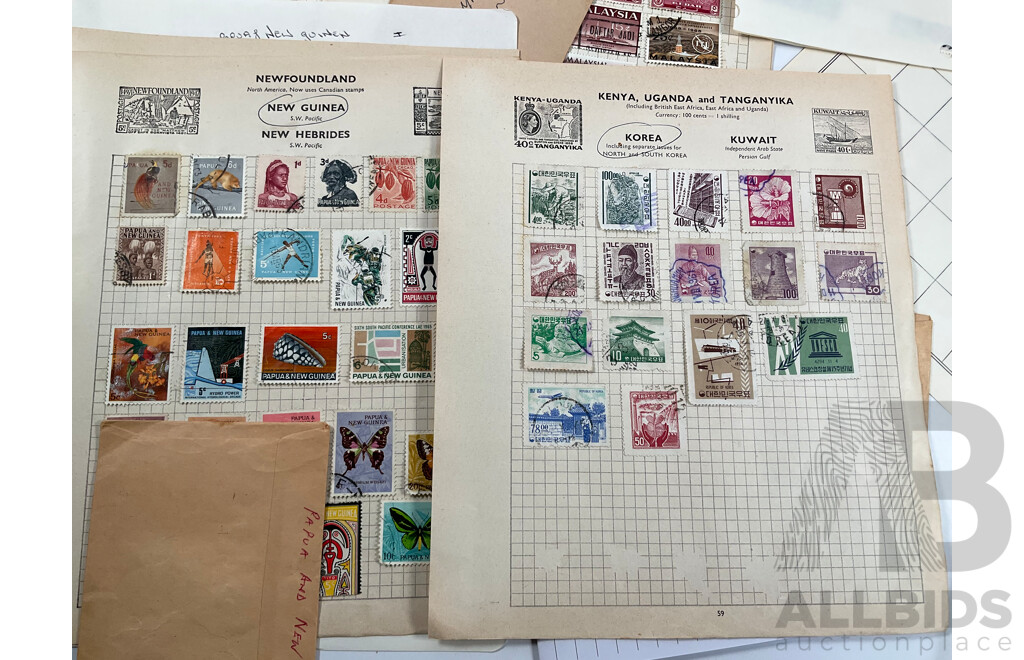 Collection of Vintage International Stamps Including South America, South Africa, Brunei, Middle East, Hong Kong, India, Pakistan, Indonesia, Korea, Malaysia, Singapore, New Zealand, PNG and More