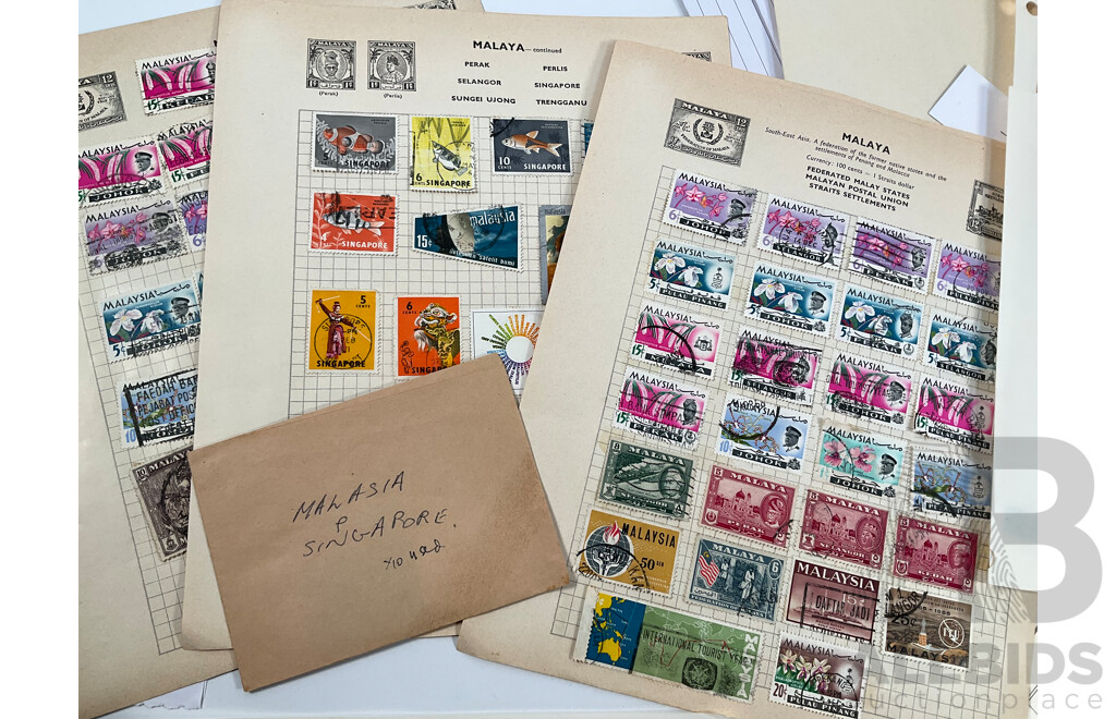 Collection of Vintage International Stamps Including South America, South Africa, Brunei, Middle East, Hong Kong, India, Pakistan, Indonesia, Korea, Malaysia, Singapore, New Zealand, PNG and More