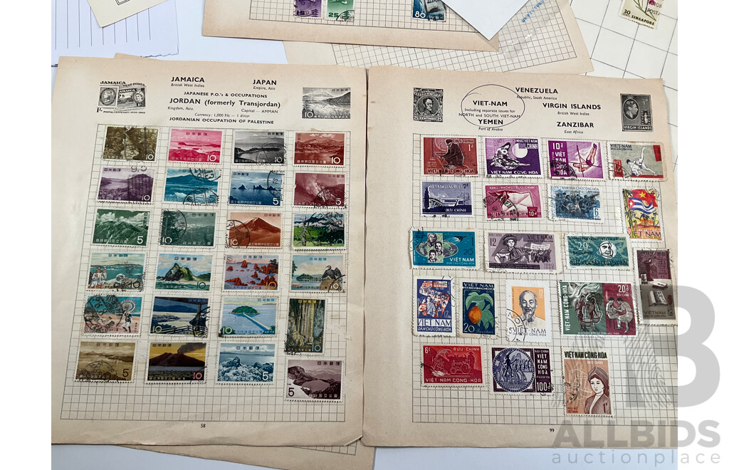 Collection of Vintage International Stamps Including South America, South Africa, Brunei, Middle East, Hong Kong, India, Pakistan, Indonesia, Korea, Malaysia, Singapore, New Zealand, PNG and More