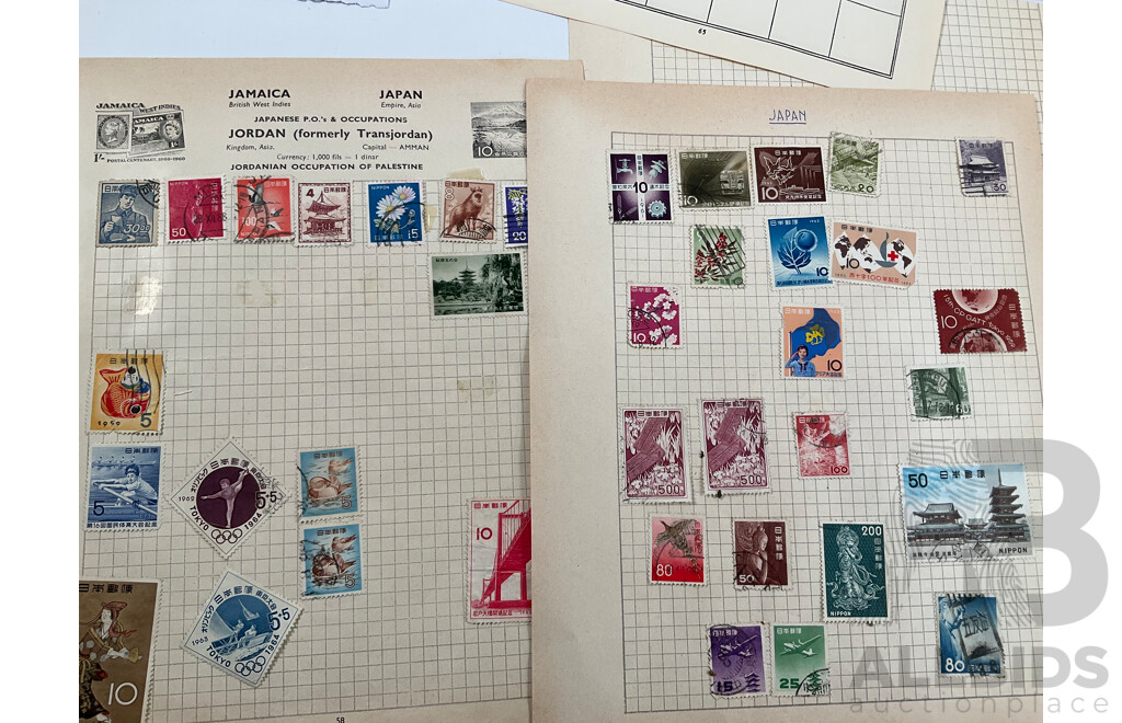 Collection of Vintage International Stamps Including South America, South Africa, Brunei, Middle East, Hong Kong, India, Pakistan, Indonesia, Korea, Malaysia, Singapore, New Zealand, PNG and More