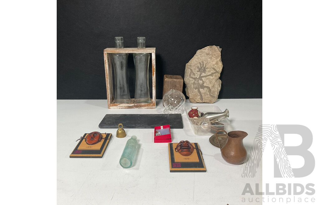 Collection of Display Pieces Including Glass Bell, Mrs Winslow Syrup Bottle, Mini Copper Jug, Pewter Pourer and More