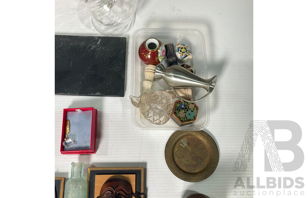 Collection of Display Pieces Including Glass Bell, Mrs Winslow Syrup Bottle, Mini Copper Jug, Pewter Pourer and More