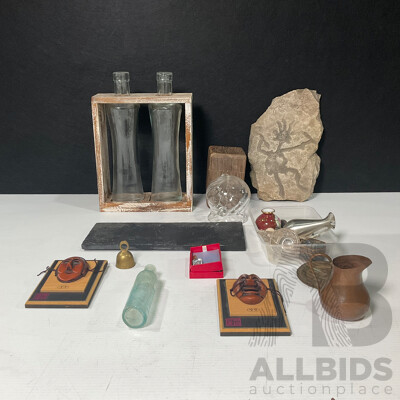 Collection of Display Pieces Including Glass Bell, Mrs Winslow Syrup Bottle, Mini Copper Jug, Pewter Pourer and More