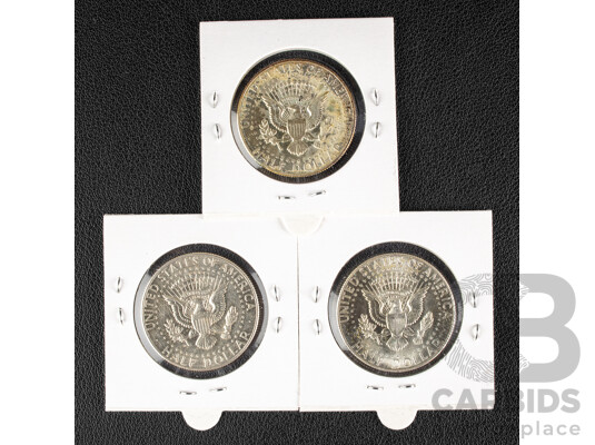 Three USA Silver Kennedy Half Dollars 1964P, 1966P, 1969D