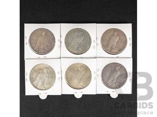 Six USA Silver Peace Dollars Including 1922P(2), 1922D(3), 1922S .900