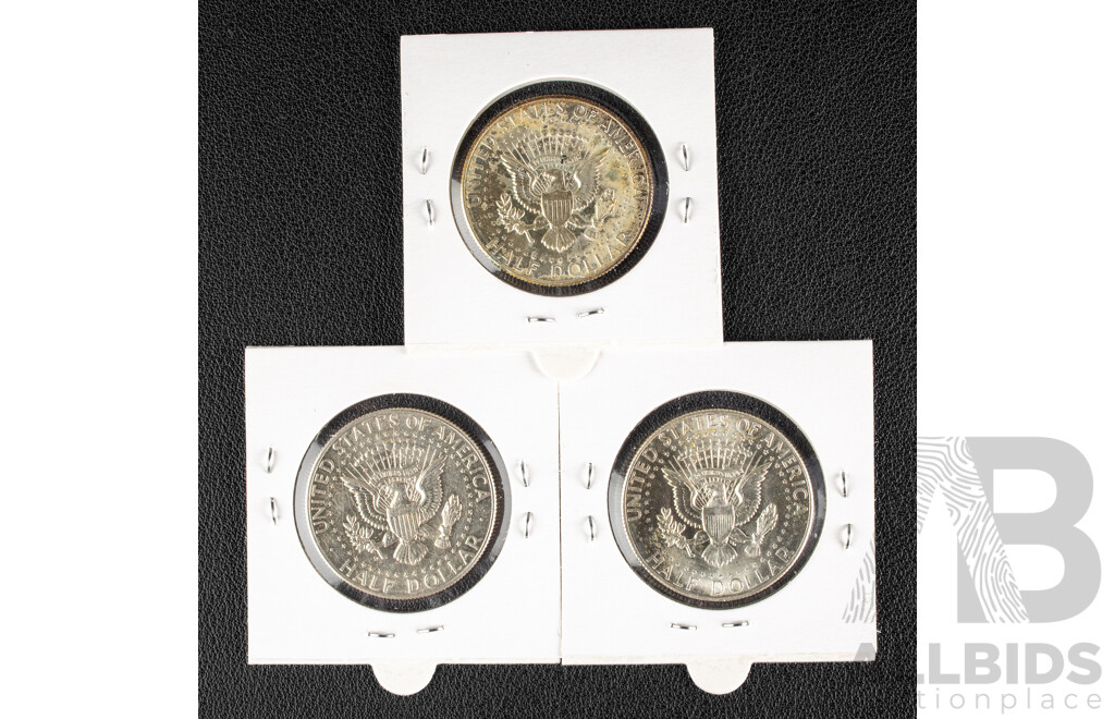 Three USA Silver Kennedy Half Dollars 1964P, 1966P, 1969D