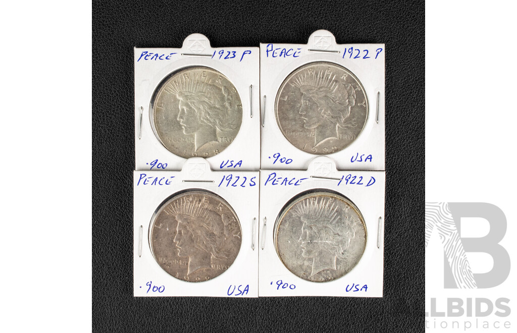 Four USA Silver Peace Dollars Including 1922P, 1922D, 1922S, 1923P .900