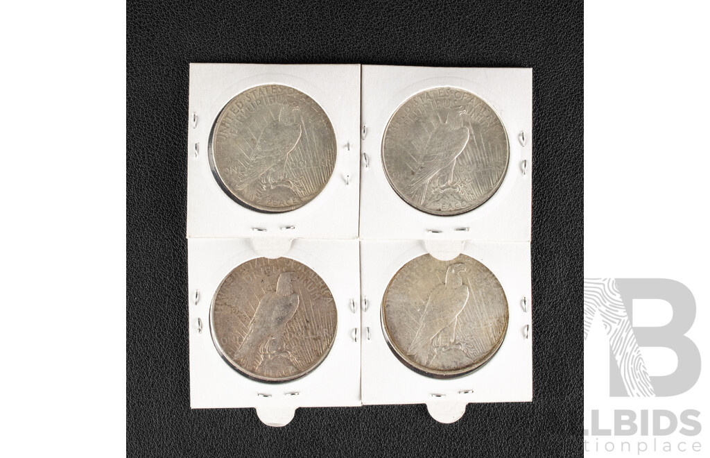 Four USA Silver Peace Dollars Including 1922P, 1922D, 1922S, 1923P .900