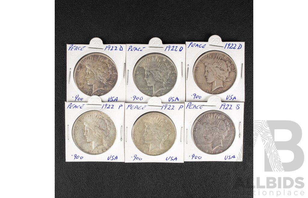 Six USA Silver Peace Dollars Including 1922P(2), 1922D(3), 1922S .900